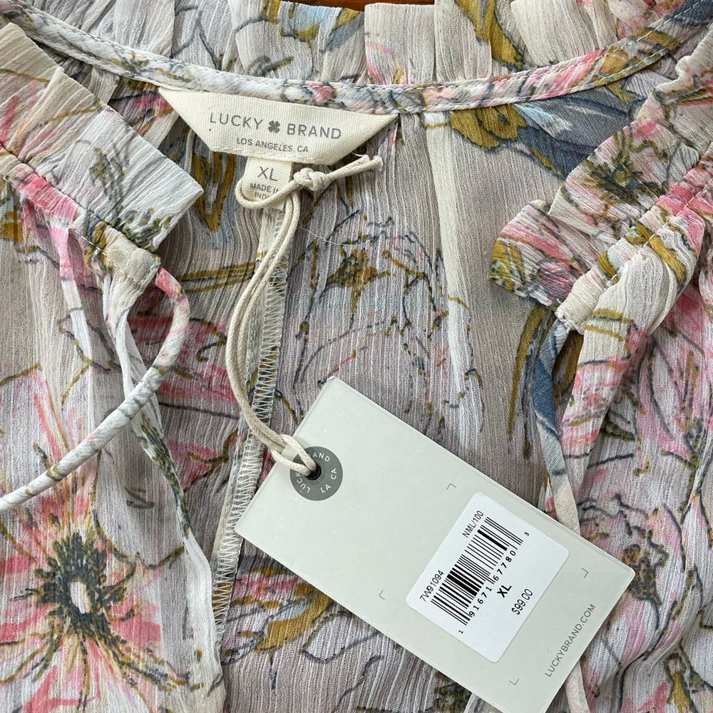 Lucky Brand Sheer Floral Cover Up Tunic Dress XL Ruffle Sleeve Boho Beach 💚🎀 - Picture 9 of 9
